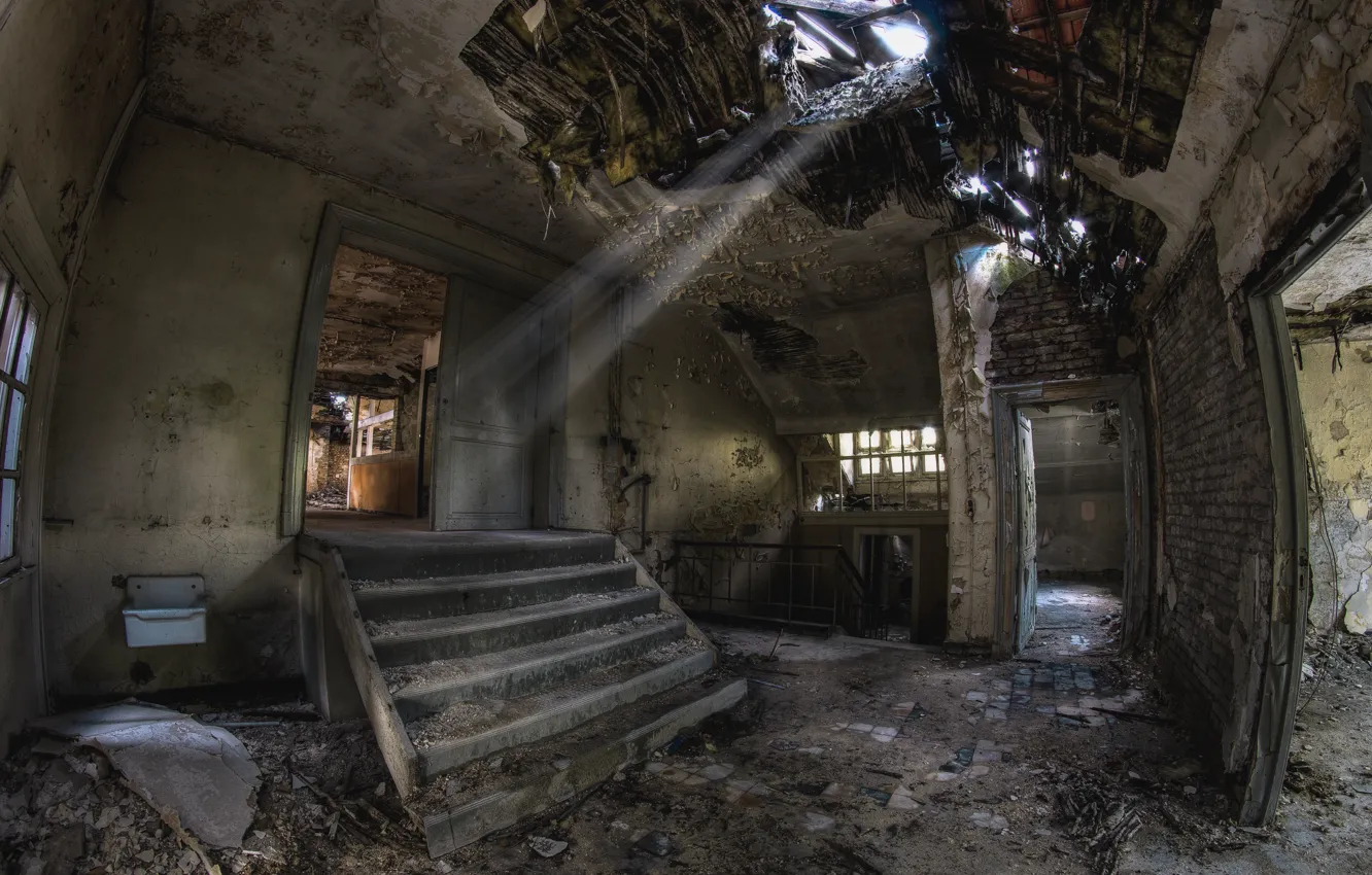 Photo wallpaper the wreckage, building, stage, devastation, abandonment, the room, the sun's rays, mold
