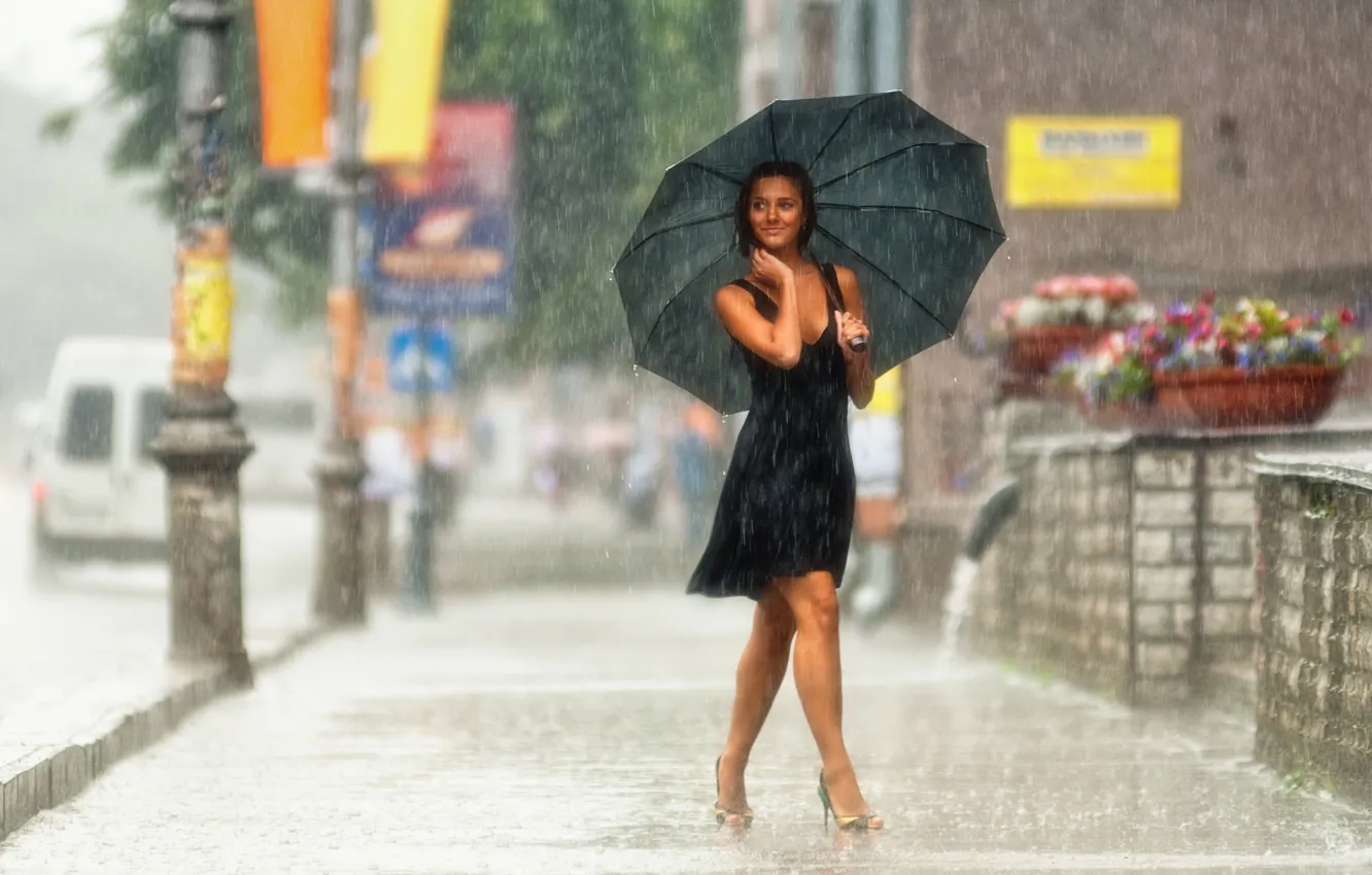 Photo wallpaper girl, city, the city, smile, umbrella, photo, rain, mood