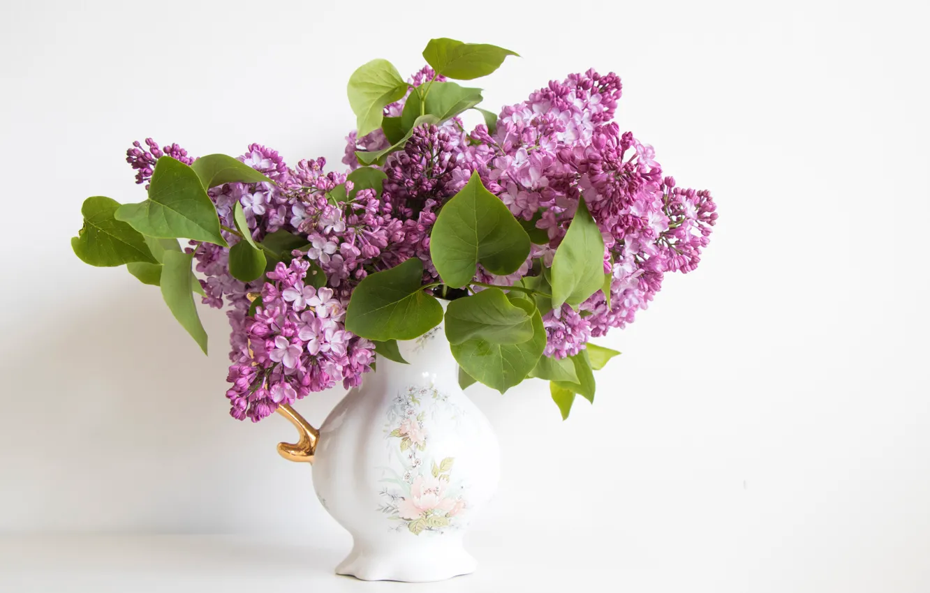 Photo wallpaper leaves, bouquet, white background, vase, lilac
