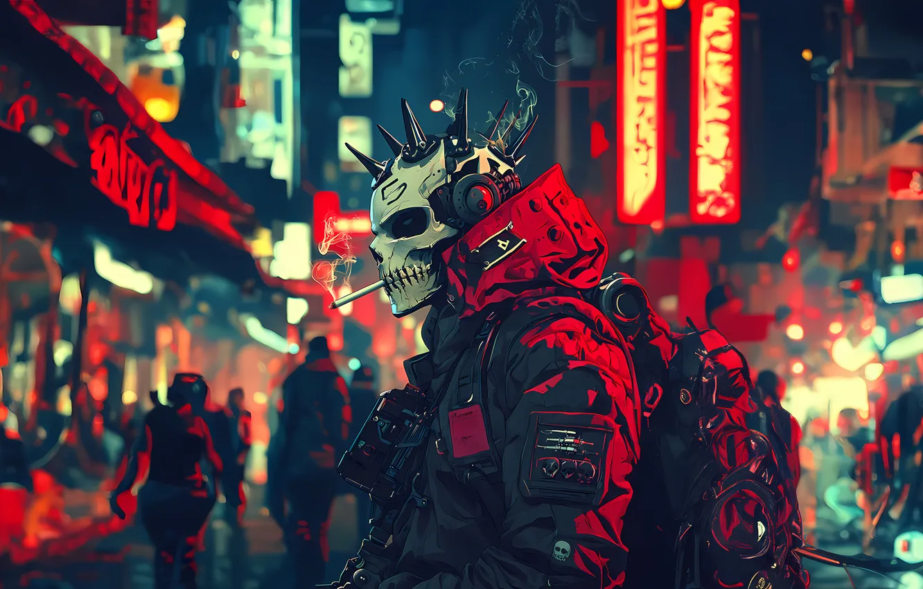 Photo wallpaper city, the city, street, skull, mask, sake, cyberpunk, night