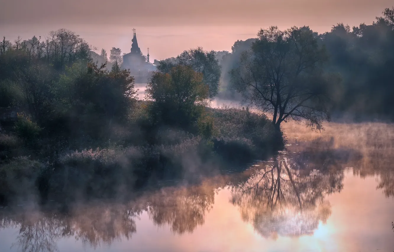 Photo wallpaper landscape, nature, fog, reflection, river, morning, Church, Suzdal