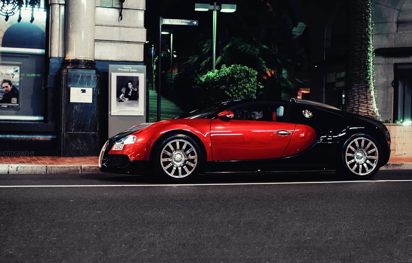 Photo wallpaper night, street, Bugatti Veyron, Bugatti, night, street