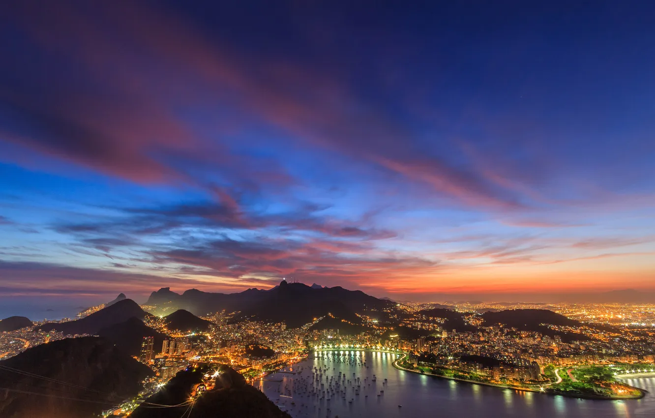 Photo wallpaper mountains, the city, dawn, Bay, yacht, Rio de Janeiro