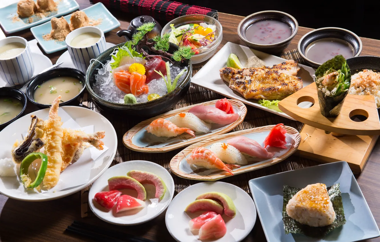 Photo wallpaper fish, soup, figure, sushi, seafood, meals, cuts, abundance