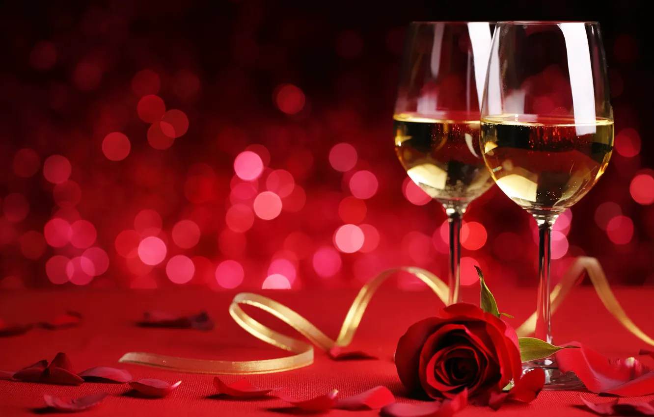 Photo wallpaper holiday, wine, rose, glasses, bokeh