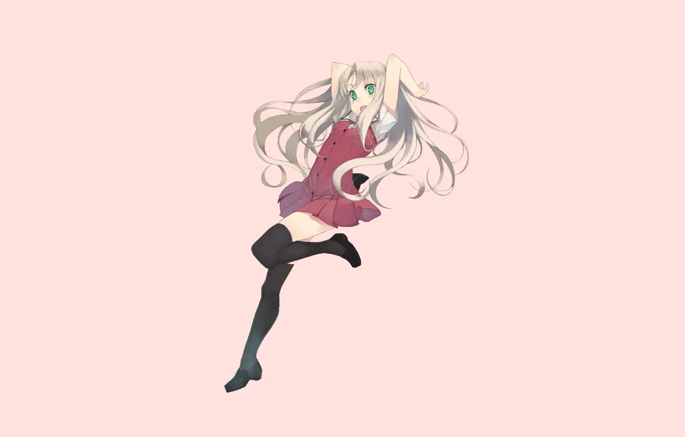 Photo wallpaper girl, minimalism, stockings, dress, pink background, flies, green eyes, blonde hair