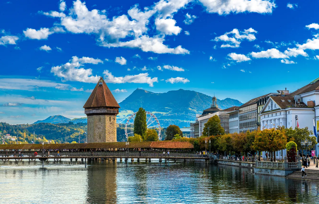 Photo wallpaper mountains, lake, tower, home, Switzerland, Alps, Luzern, Clouds night