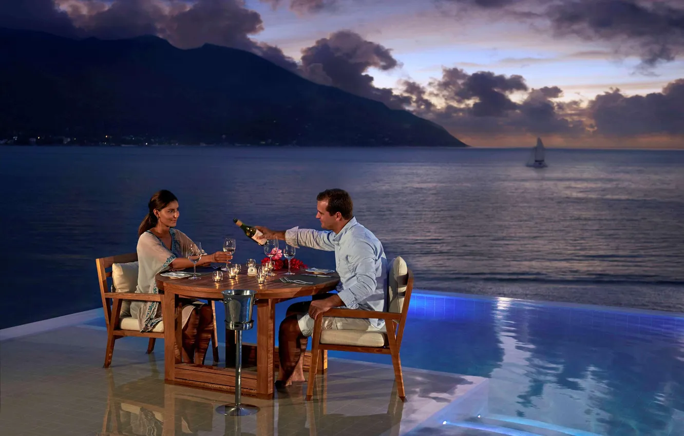 Photo wallpaper flowers, the ocean, wine, romance, glass, the evening, candles, pool