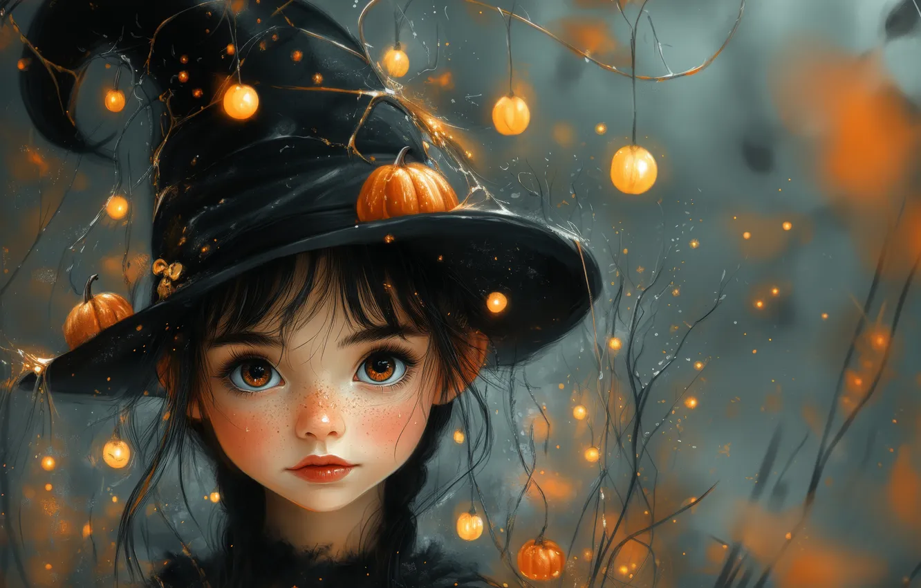 Photo wallpaper autumn, holiday, portrait, hat, brunette, girl, witch, imitation painting