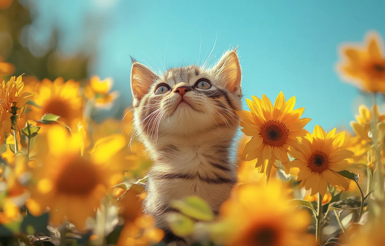 Photo wallpaper cat, summer, the sky, look, light, flowers, yellow, pose