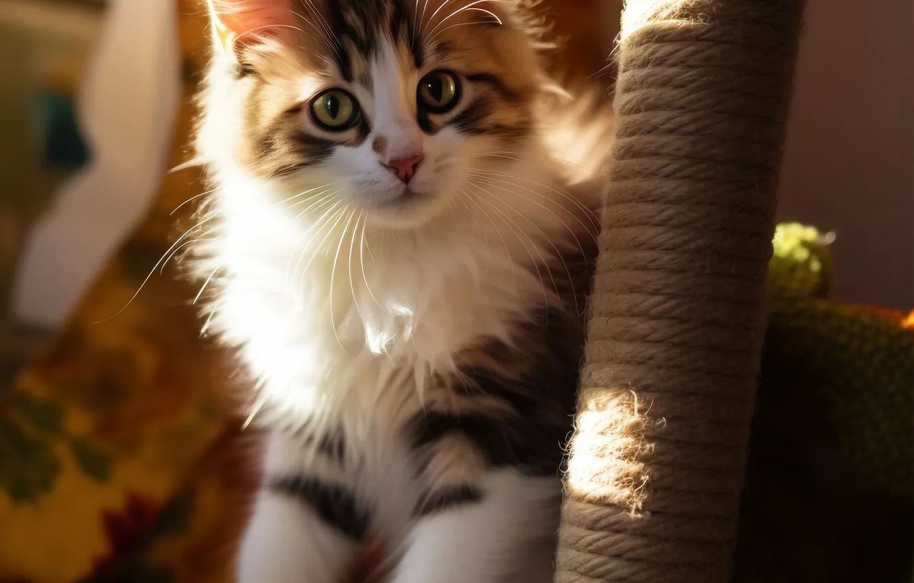 Photo wallpaper cat, look, light, pose, rope, kitty, face, sitting