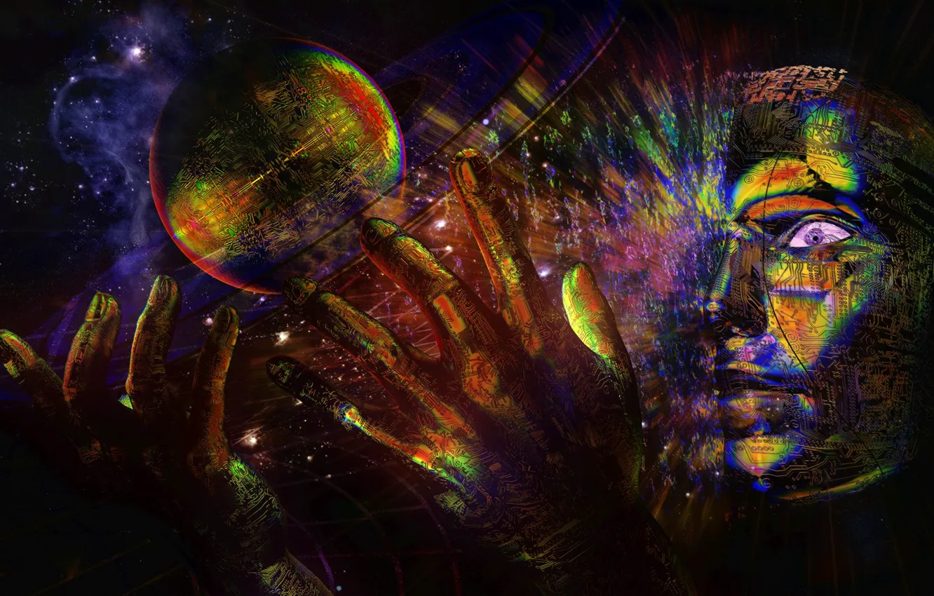 Photo wallpaper the sky, space, stars, face, planet, hands