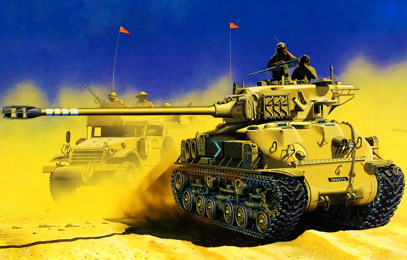 Photo wallpaper war, art, painting, tank, M50/51 Super Sherman