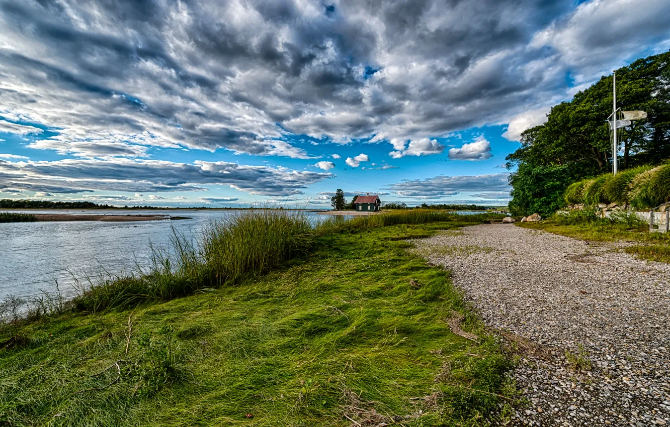 Photo wallpaper road, the sky, grass, clouds, trees, nature, river, shore