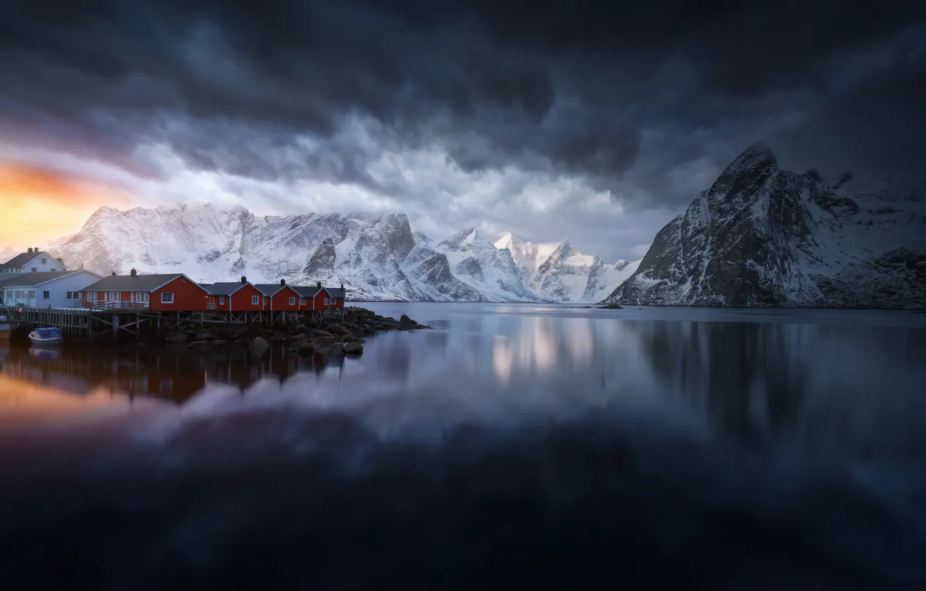 Photo wallpaper the sky, clouds, light, mountains, clouds, rocks, home, Norway