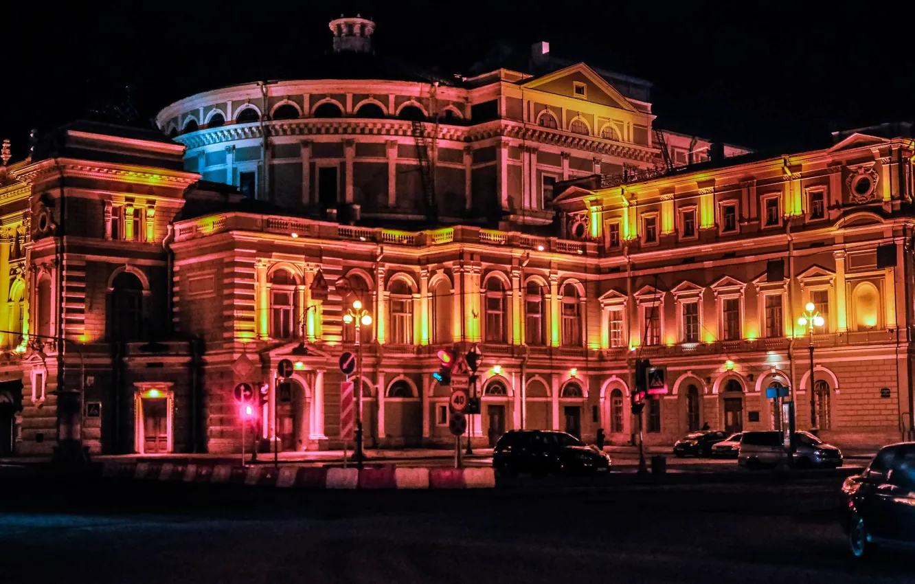 Photo wallpaper night, the building, Peter, lights, theatre, architecture, The Mariinsky theatre, Saint Petersburg