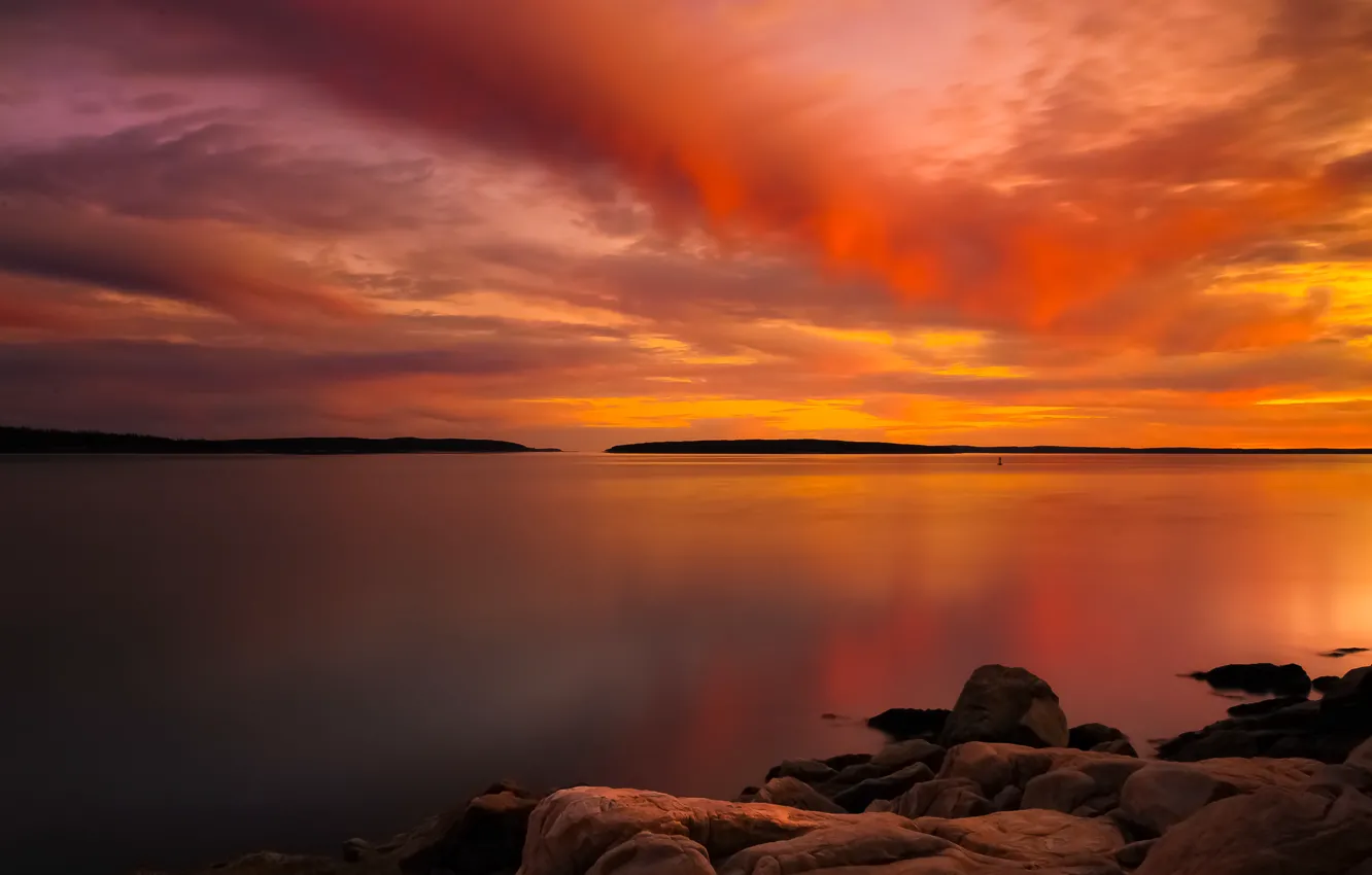 Photo wallpaper lake, dawn, coast, horizon