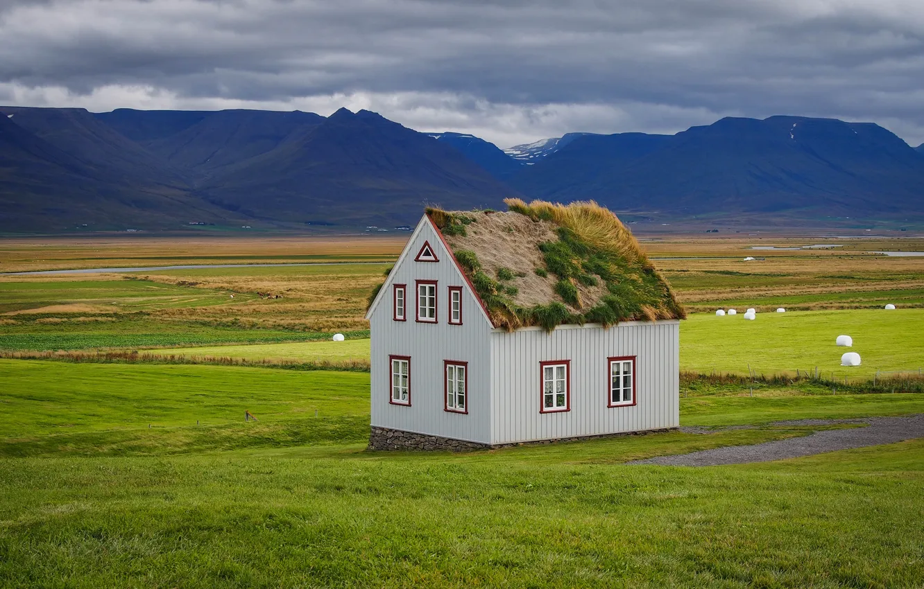 Photo wallpaper roof, grass, mountains, nature, house, Iceland, sod-house