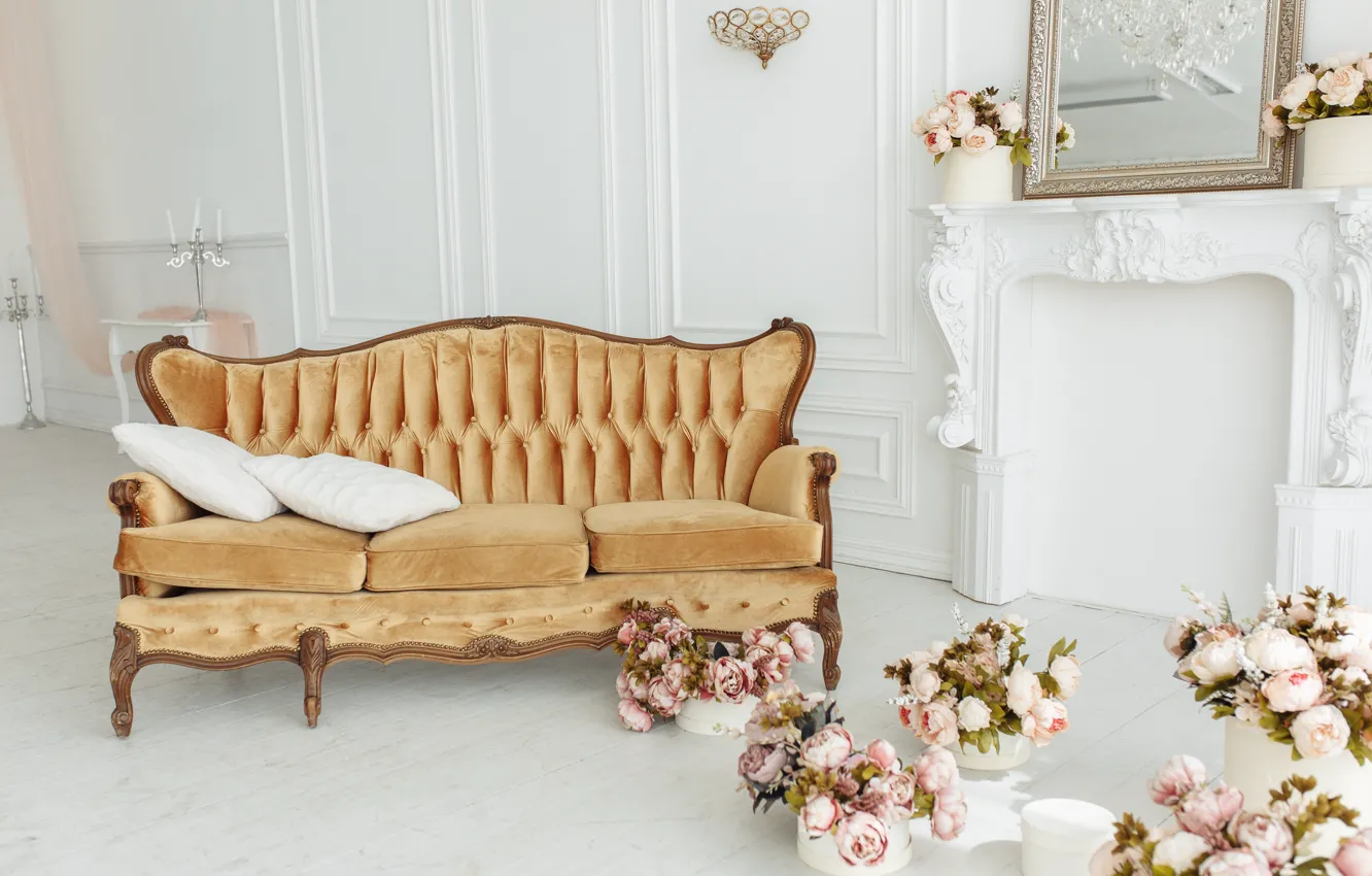 Photo wallpaper flowers, room, sofa, fireplace, vintage, design, pink, flowers