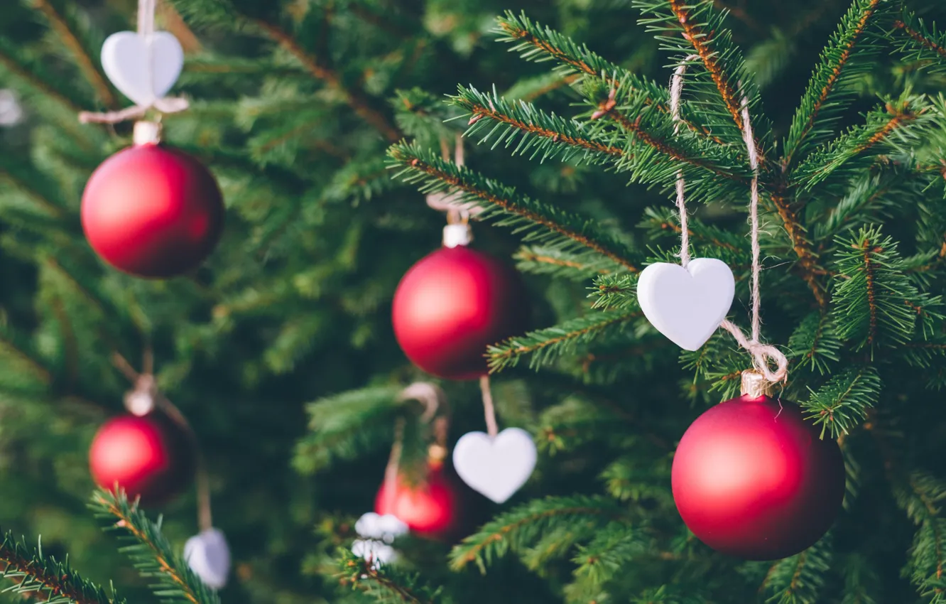 Photo wallpaper balls, decoration, branches, red, holiday, balls, toy, tree