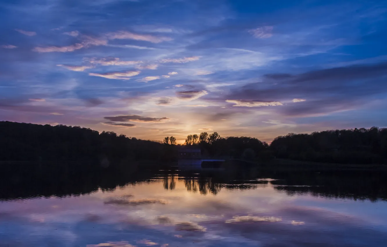 Photo wallpaper forest, the sky, clouds, trees, sunset, reflection, shore, England
