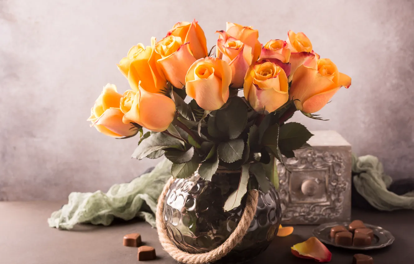 Photo wallpaper roses, bouquet, yellow, vase, vintage, Iryna Melnyk