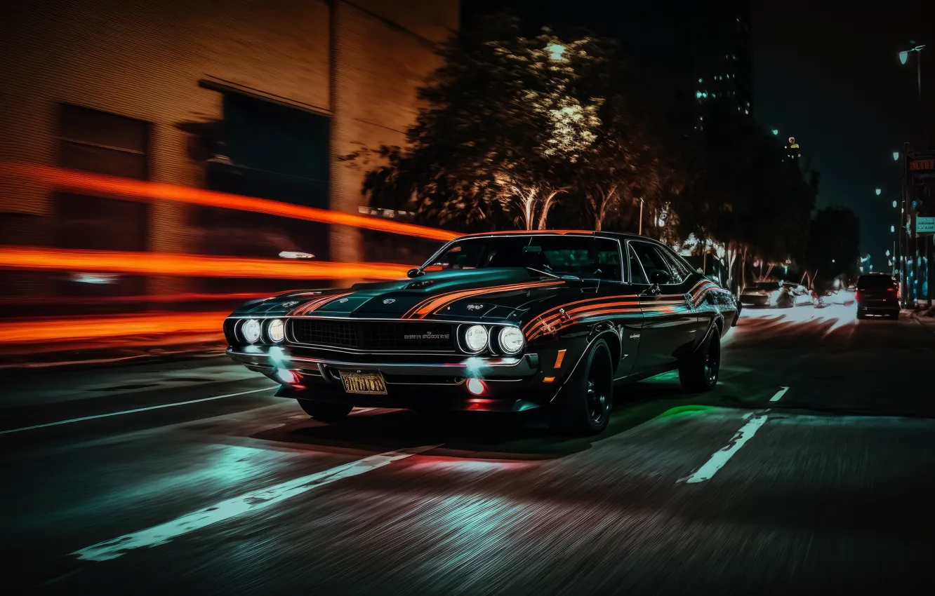 Photo wallpaper car, city, lights, Dodge Challenger, night, street, ai art