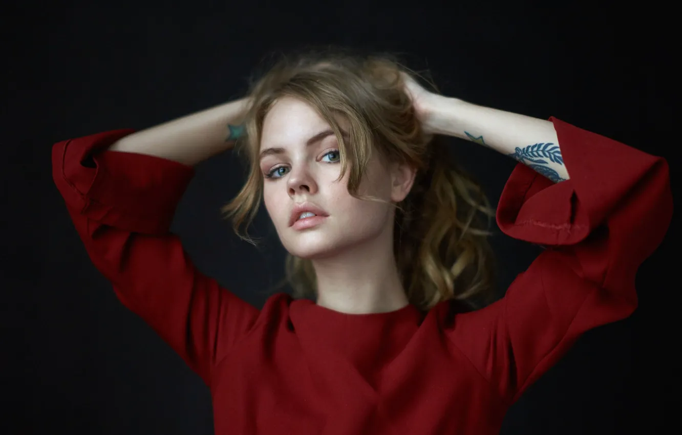 Photo wallpaper look, girl, face, pose, background, portrait, hands, tattoo