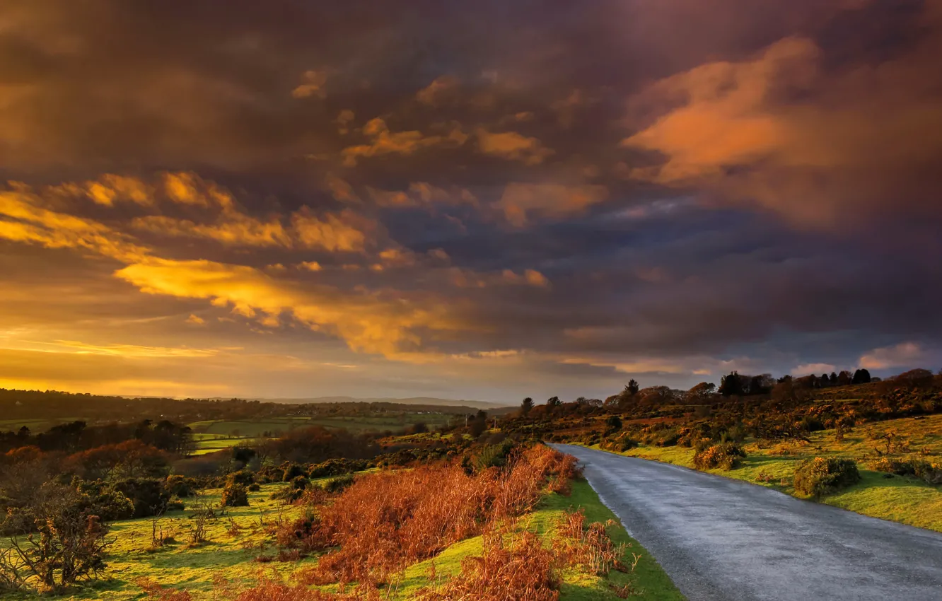 Photo wallpaper road, clouds, hills, England, glow