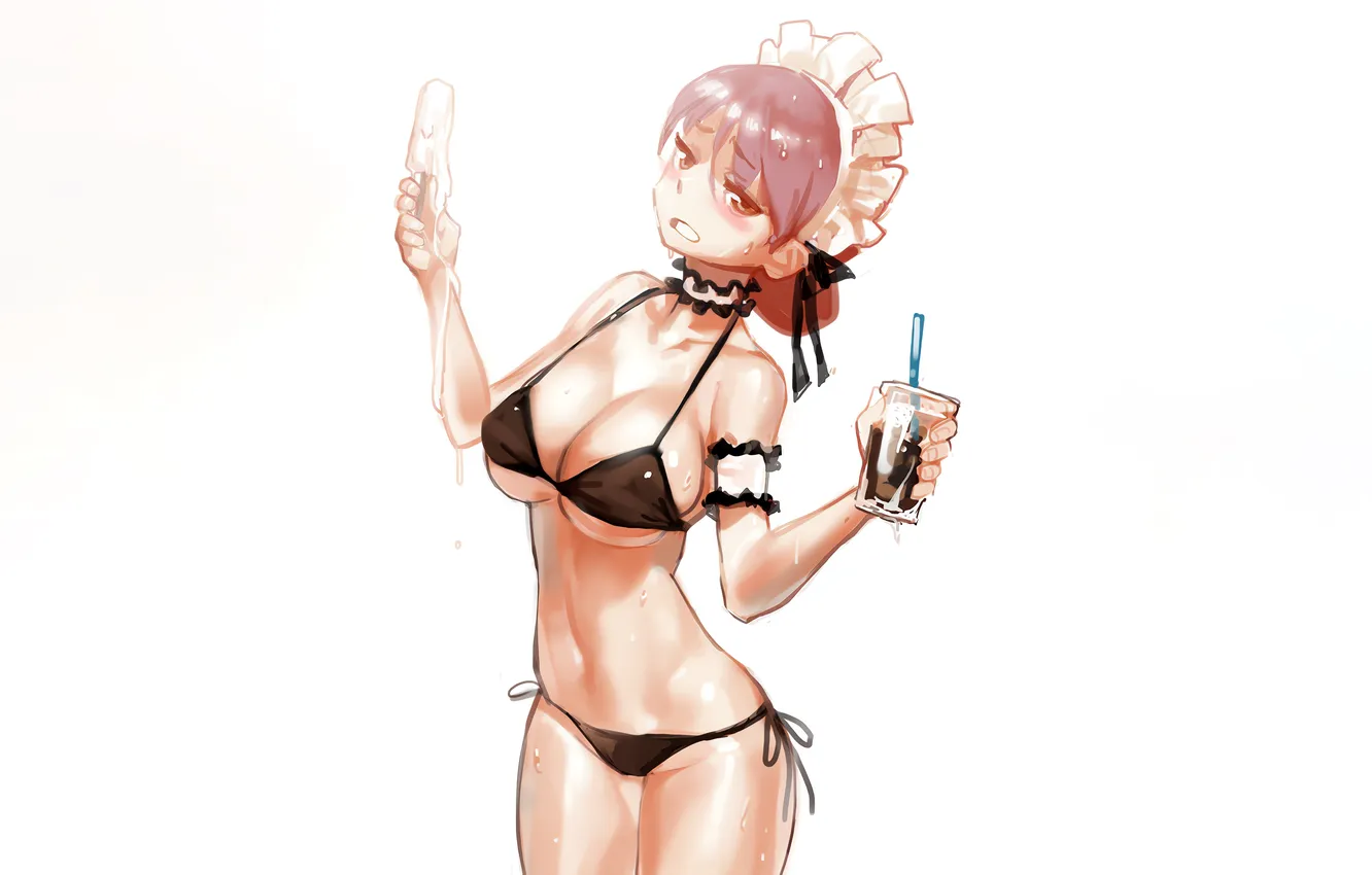 Photo wallpaper girl, sexy, wet, cleavage, brown hair, brown eyes, boobs, anime