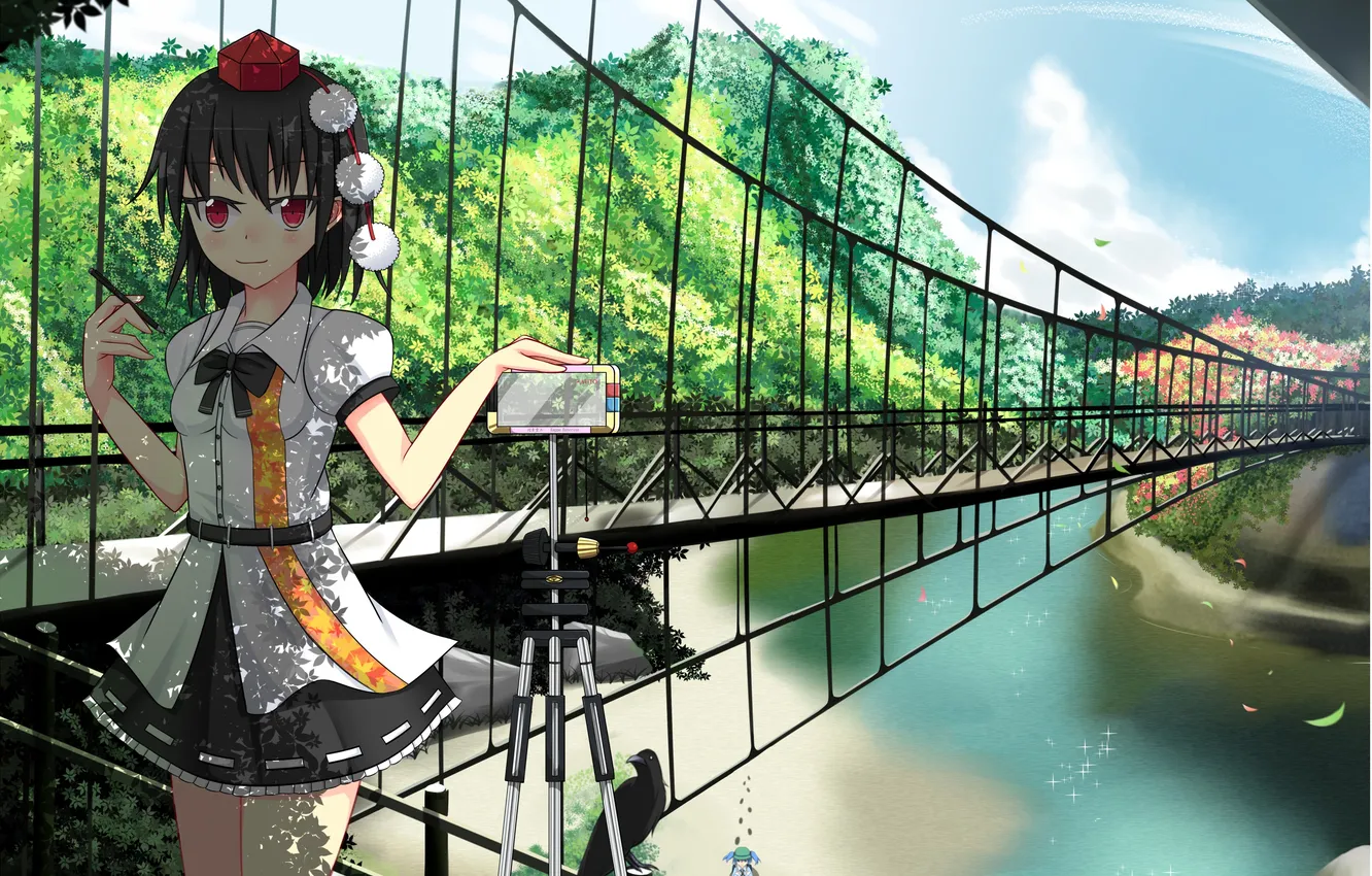 Photo wallpaper girl, clouds, bridge, nature, river, art, touhou, shameimaru aya