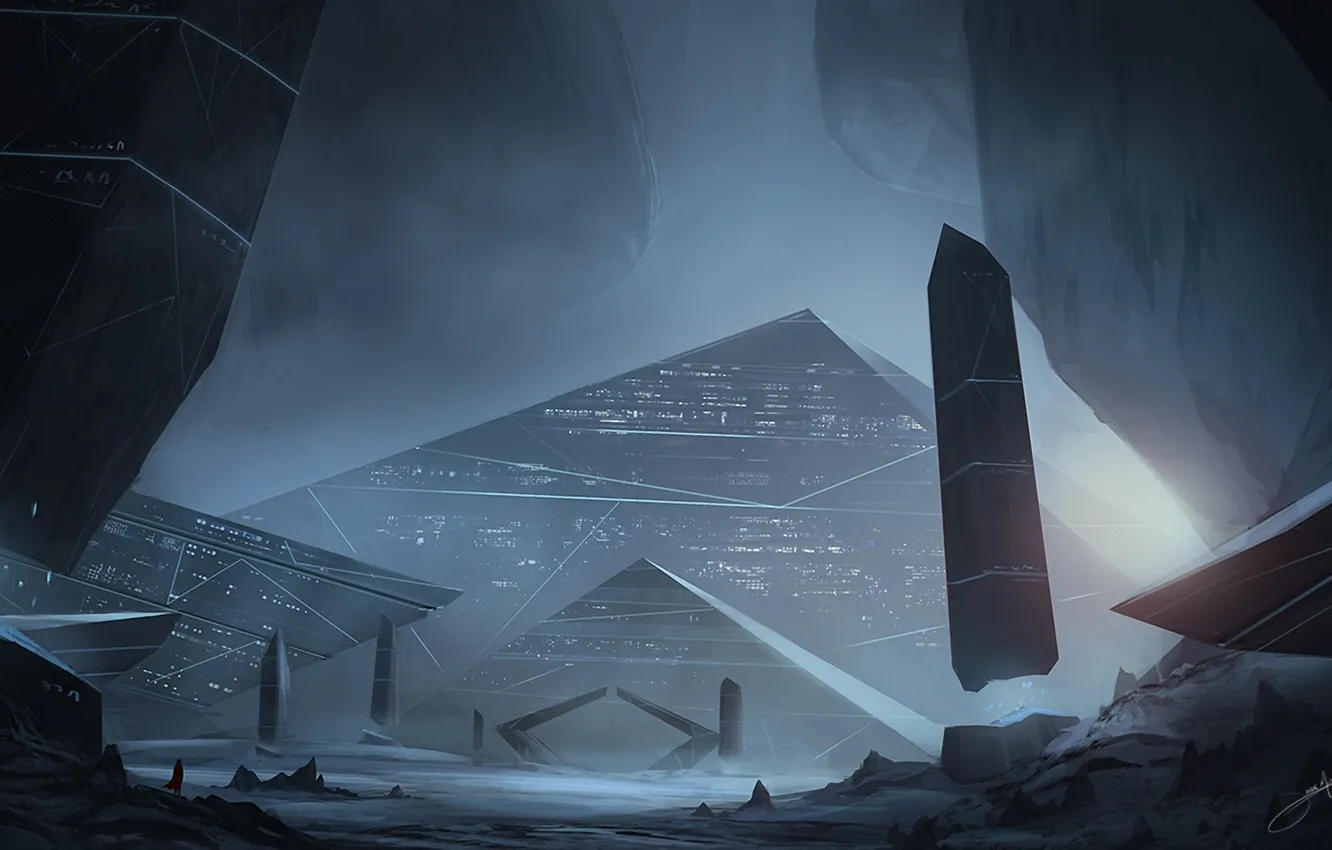 Photo wallpaper night, lights, art, pyramid, columns, blinck