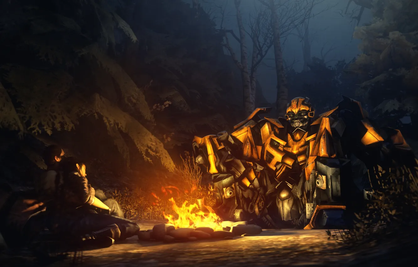 Photo wallpaper night, the fire, Transformers, Bumblebee, camp, camping, autobot, overnight