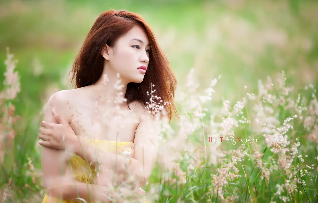 Photo wallpaper field, summer, girl, mood, Asian