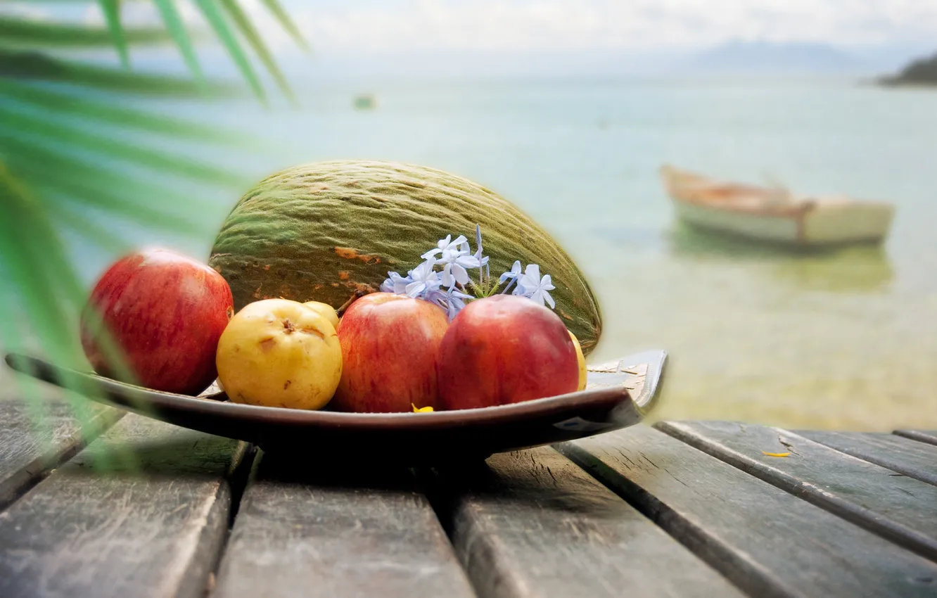 Photo wallpaper sea, clouds, flowers, boat, apples, coconut, fruit