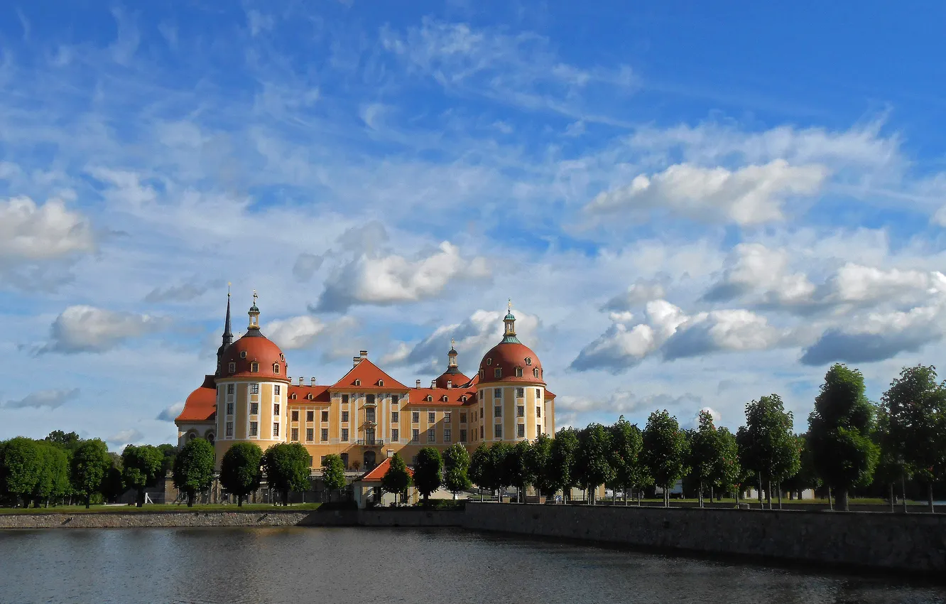 Photo wallpaper the sky, trees, lake, castle, Germany, Moritzburg