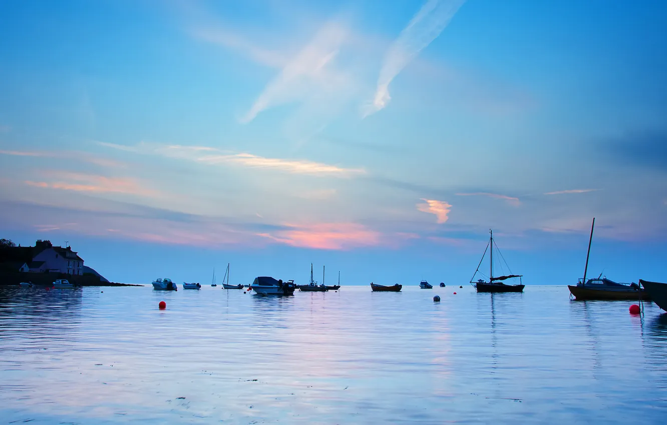 Photo wallpaper sea, dawn, boats, morning, Bay