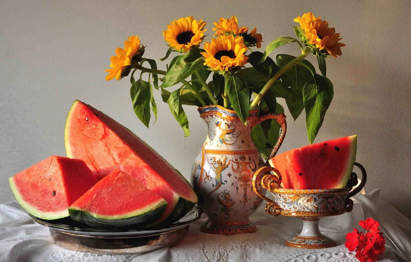 Photo wallpaper flowers, table, watermelon, pitcher, still life