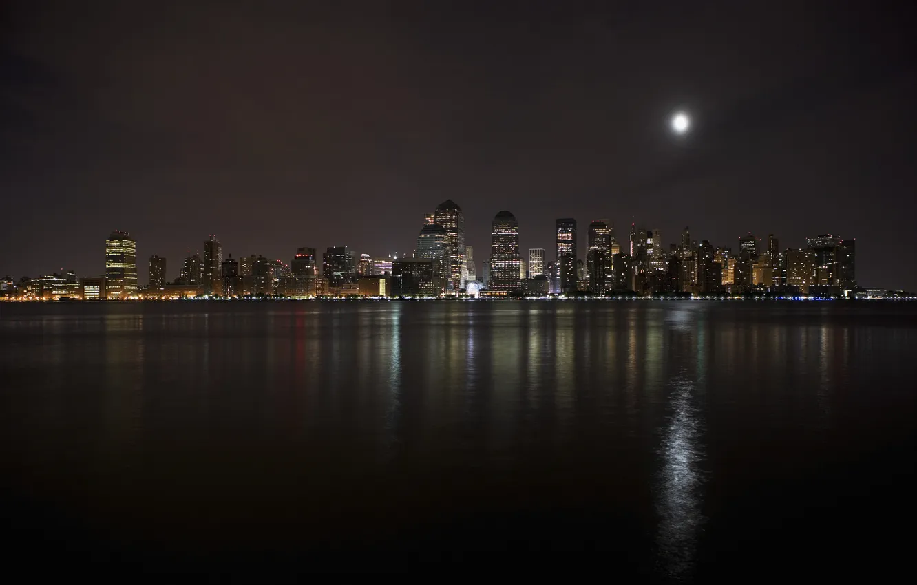 Photo wallpaper night, river, the moon, New York, skyscrapers, USA, Manhattan, Manhattan