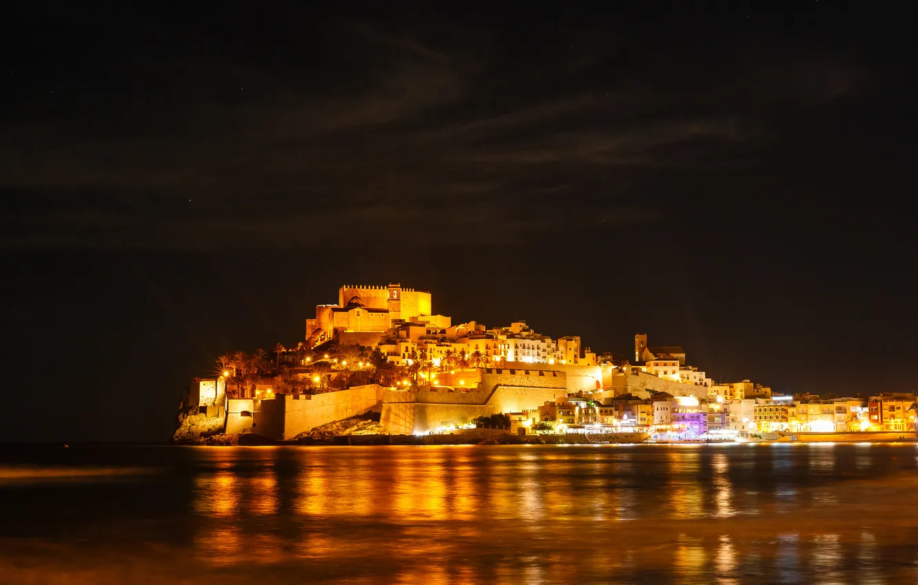 Photo wallpaper sea, night, lights, home, fortress, Spain, Valencia, Penisole