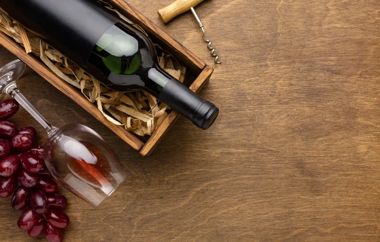 Photo wallpaper wine, Board, glass, bottle, grapes, box