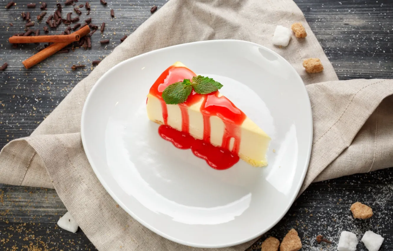 Photo wallpaper strawberry, cinnamon, dessert, syrup, cheesecake