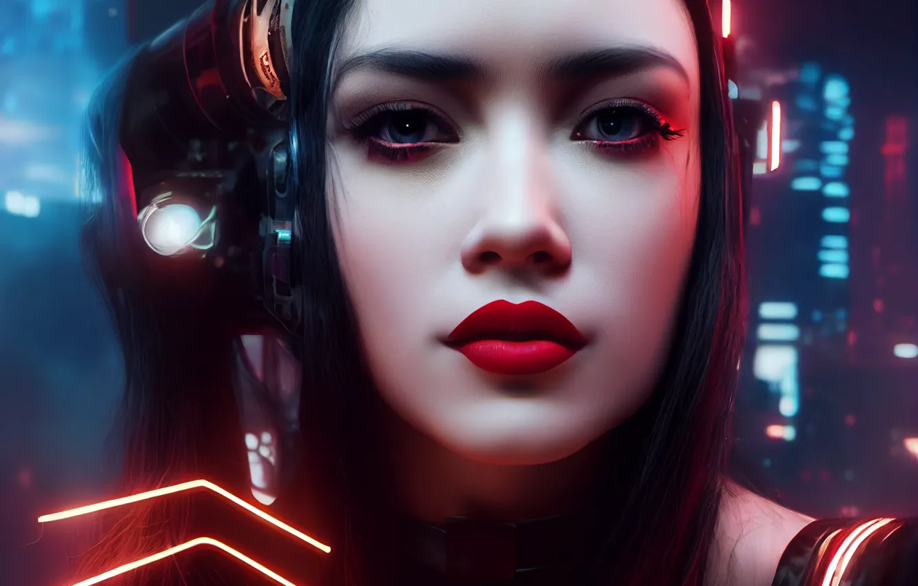 Photo wallpaper look, girl, face, sponge, cyberpunk, red lipstick