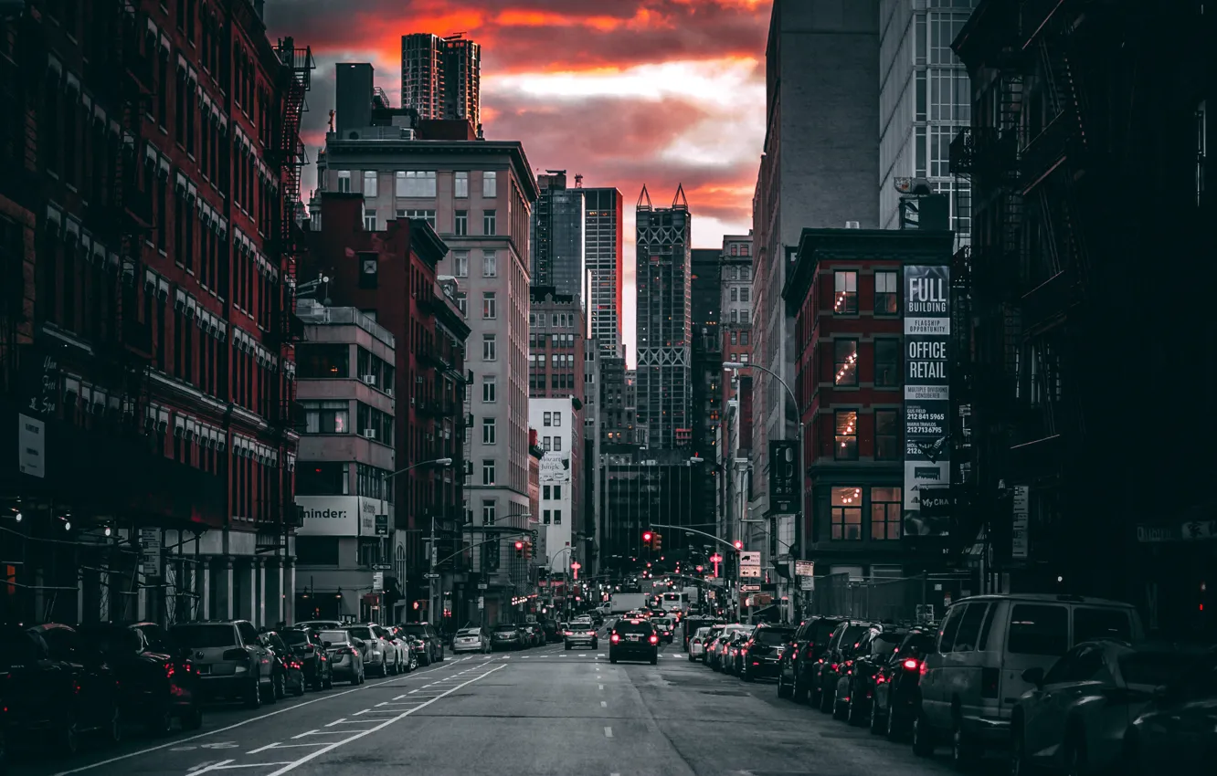 Photo wallpaper The evening, The city, Street, Machine, Building, The building, City, USA
