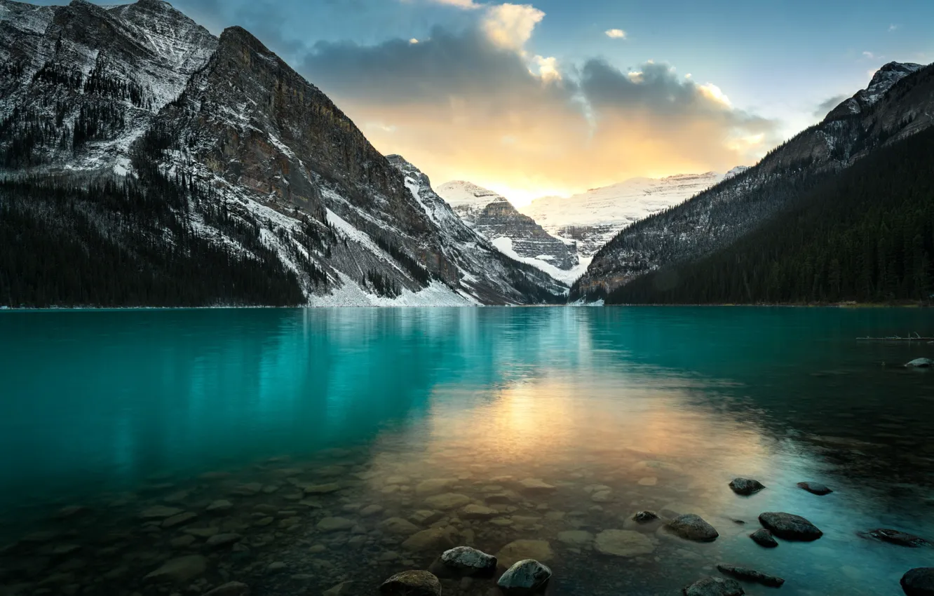 Photo wallpaper mountains, lake, shore, pond