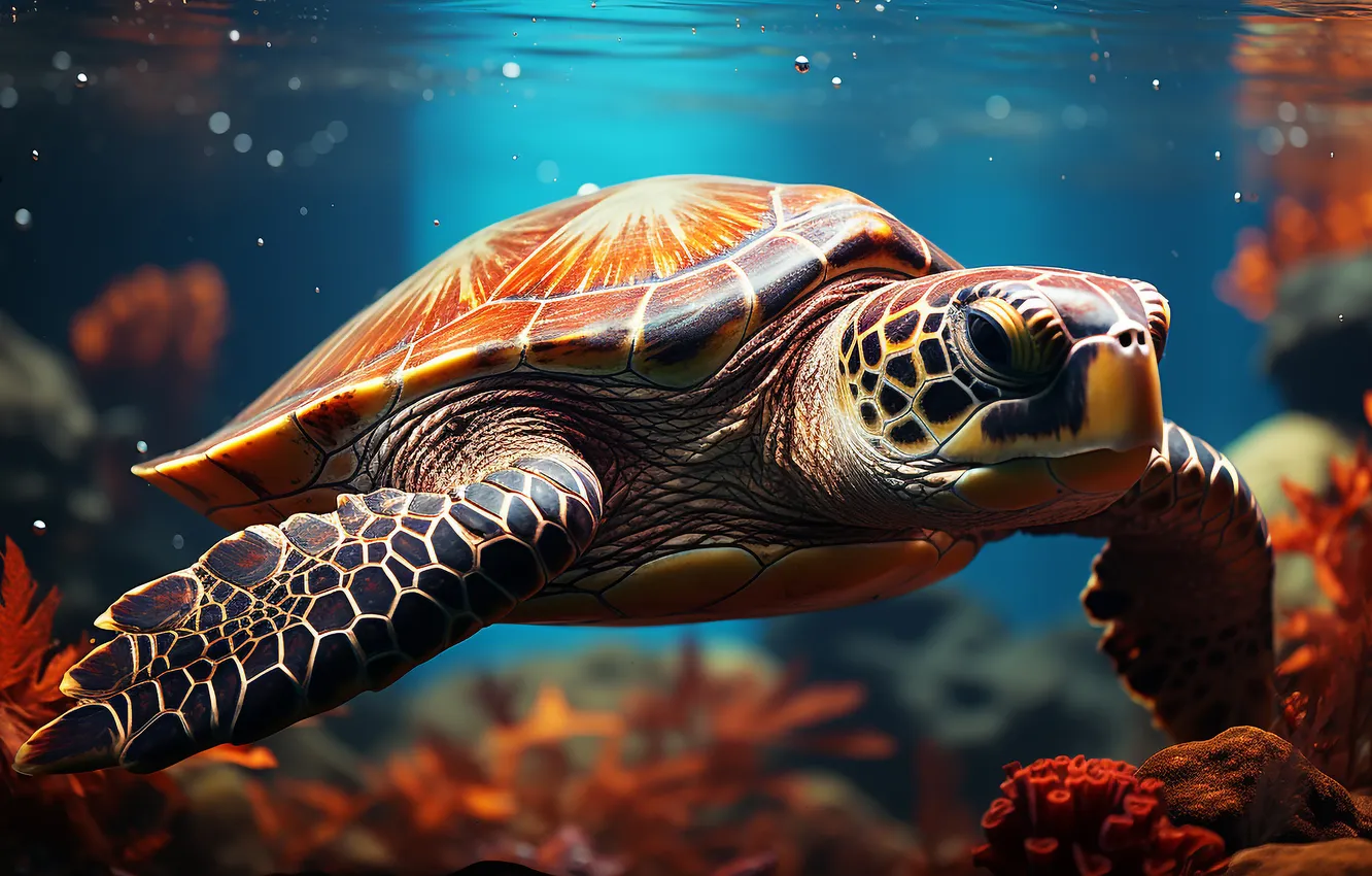 Photo wallpaper sea, turtle, sea turtle, AI art, neural network
