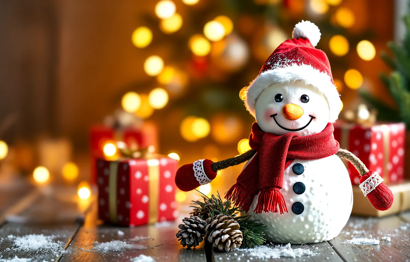 Photo wallpaper lights, new year, Christmas, snowman, bumps, bokeh, AI art, neural network