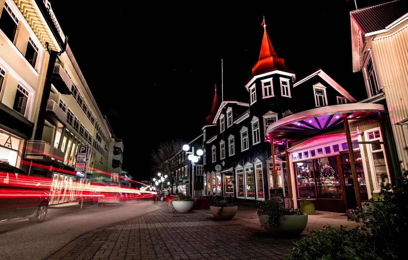 Photo wallpaper road, the sky, night, lights, street, home, stars, excerpt