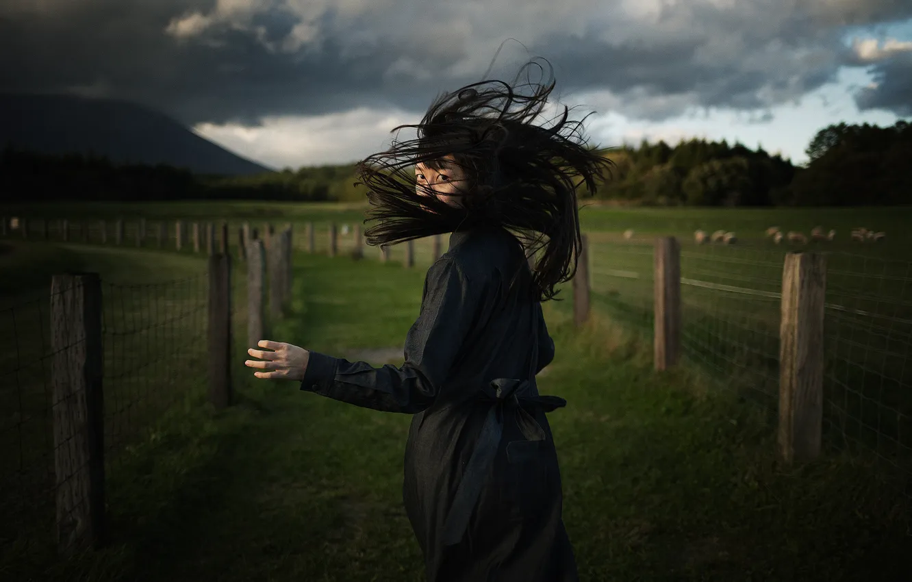 Photo wallpaper girl, hair, running, black dress, Koichi ITO