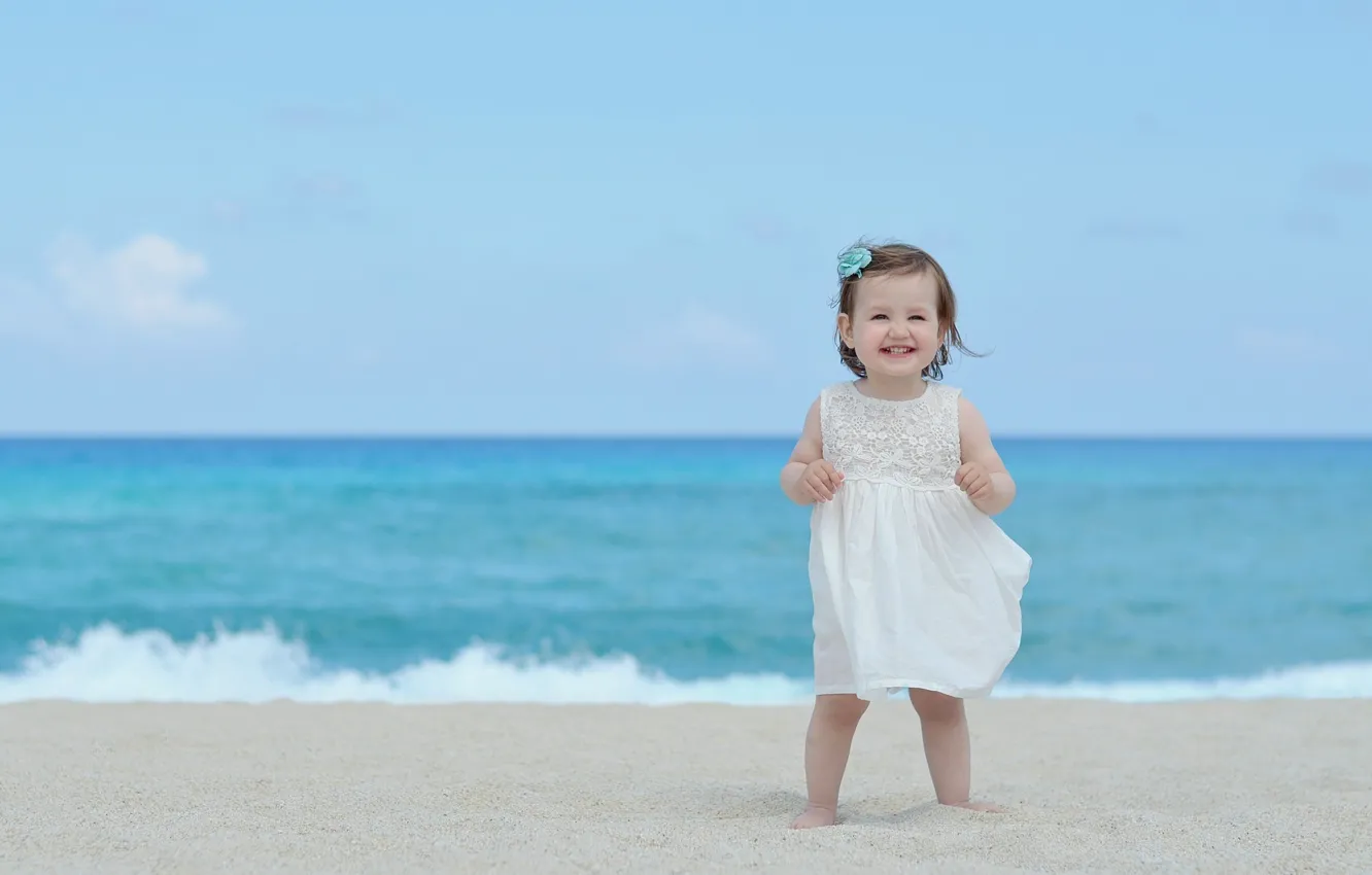 Photo wallpaper sand, sea, beach, summer, the sky, children, smile, background